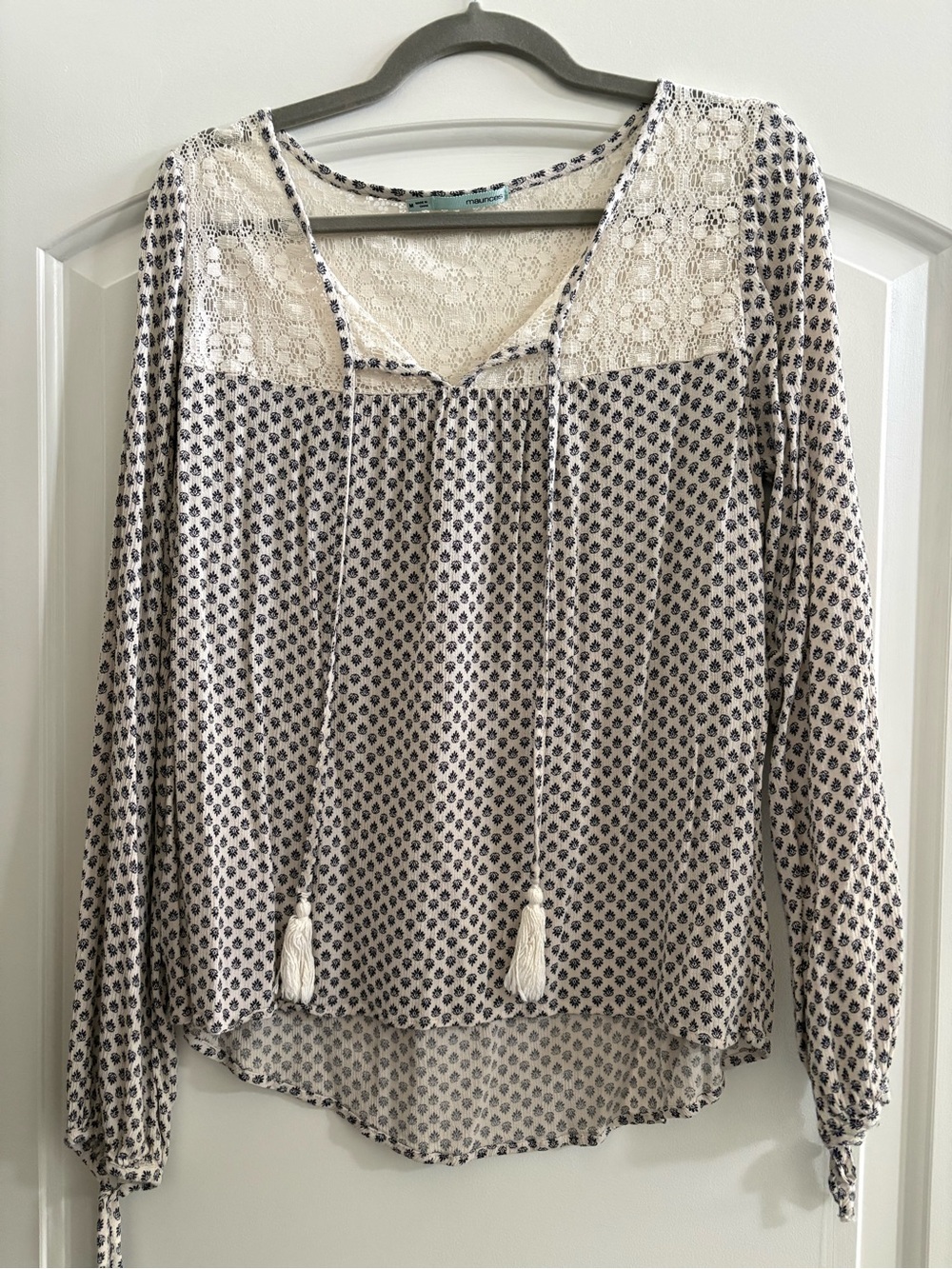 Maurices Cream Blouse with Navy Print & Lace Yoke